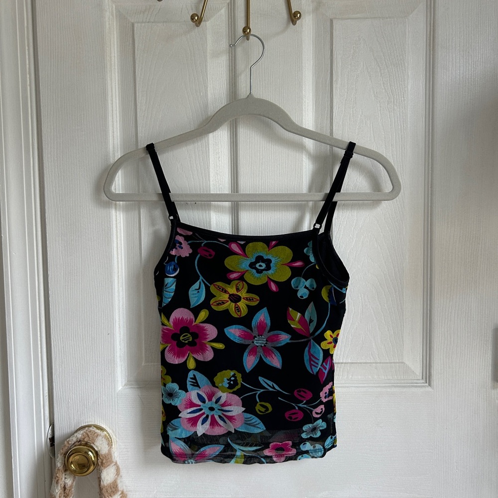 Vintage 1990-2000 Black Floral Mesh Tank